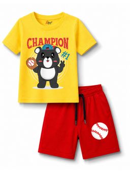 KAVEE - Yellow Pure Cotton Bio-Washed Printed T-Shirt With Shorts