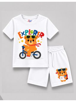 KAVEE - White Pure Cotton Bio-Washed Printed T-Shirt With Shorts