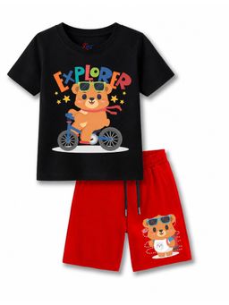 KAVEE - Black Pure Cotton Bio-Washed Printed T-Shirt With Shorts