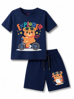 KAVEE - Navy Blue Pure Cotton Bio-Washed Printed T-Shirt With Shorts
