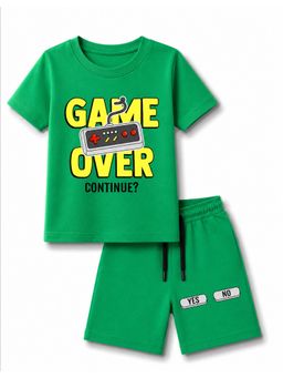 KAVEE - Green Pure Cotton Bio-Washed Printed T-Shirt With Shorts