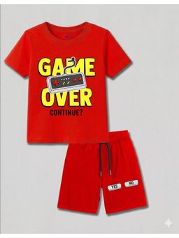 KAVEE - Red Pure Cotton Bio-Washed Printed T-Shirt With Shorts