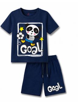 KAVEE - Navy Blue Pure Cotton Bio-Washed Printed T-Shirt With Shorts