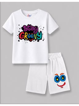 KAVEE - White Pure Cotton Bio-Washed Printed T-Shirt With Shorts