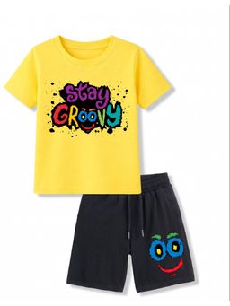 KAVEE - Yellow Pure Cotton Bio-Washed Printed T-Shirt With Shorts