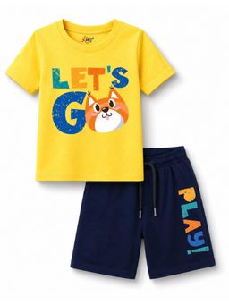 KAVEE - Yellow Pure Cotton Bio-Washed Printed T-Shirt With Shorts