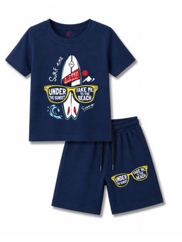 KAVEE - Navy Blue Pure Cotton Bio-Washed Printed T-Shirt With Shorts