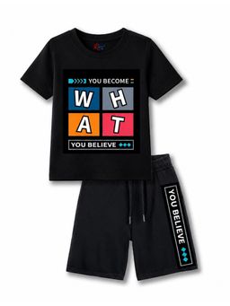 KAVEE - Black Pure Cotton Bio-Washed Printed T-Shirt With Shorts