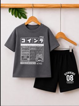 Googo Gaaga - Boys Grey Graphic Print T-Shirt With Black Shorts