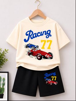 Googo Gaaga - Boys Cream Racing 77 Graphic T-Shirt And Shorts