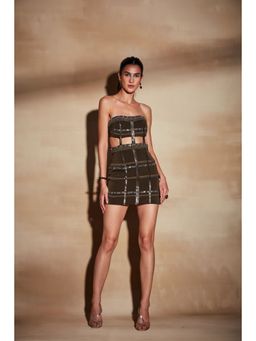 Nikita Mhaisalkar - Olive Green Dress with Oxidised Gun Metal Embroidery