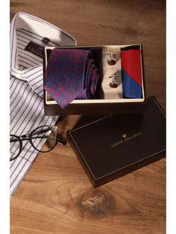 Louis Philippe - Men Navy Embroidered Tie Pocket Square and Cufflink