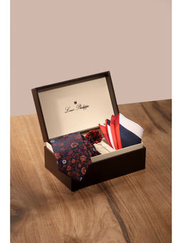 Louis Philippe - Men Navy Blue Print Tie Pocket Square and Lapel Pin