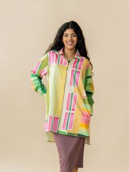 Freedom Tree - Women Even Tide Abstract Print Cotton Satin Oversized Easy Multicolor Casual Shirt