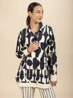 Freedom Tree - Women Senhur Shadow Easy Cream Cotton Satin Relaxed Fit Printed Casual Shirt