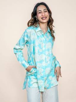 Freedom Tree - Women Treetops Easy Teal Bloom Cotton Satin Printed Regular Fit Casual Shirt