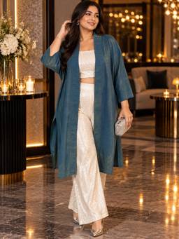 Qurvii - Teal Gold Zari Long Shrug