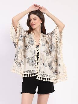 Global Republic - Cotton Embroidered Front Open Beige Shrug