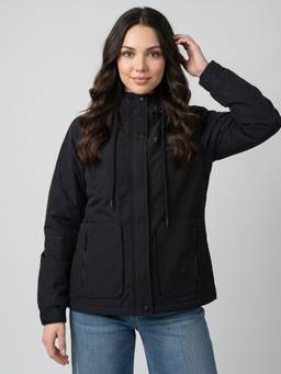Rock.it - Womens Regular Fit Full Sleeve Printed Hood Black Winter Jacket