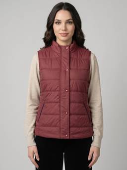 Monte Carlo - Womens Regular Fit Sleeveless Self Designed Collar Maroon Winter Jacket