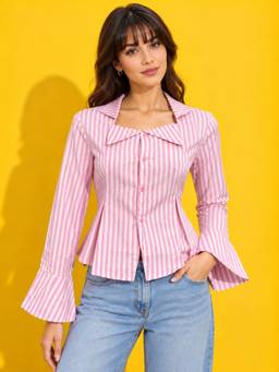 Buynewtrend - Women’S Pink Striped Shirt