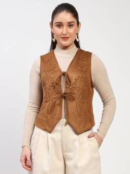 Global Republic - Suede Embroidered V-Neck Brown Waist Coat