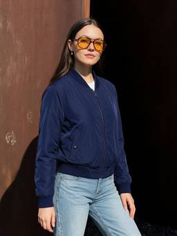 JUNEBERRY - Women Blue Solid Bomber Nylon Regular Jacket
