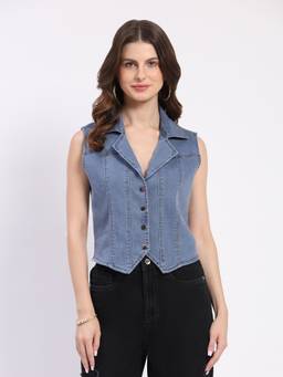 Global Republic - Cotton Blend Notched Lapel Blue Waist Coat