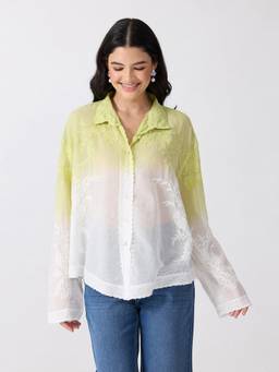SHOWOFFFF - Women’S Floral Embroidered Green Ombre Shirt