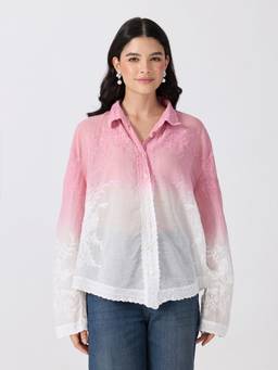 SHOWOFFFF - Women’S Floral Embroidered Pink Ombre Shirt