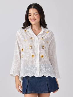SHOWOFFFF - Women’S Floral Embroidered White Shirt