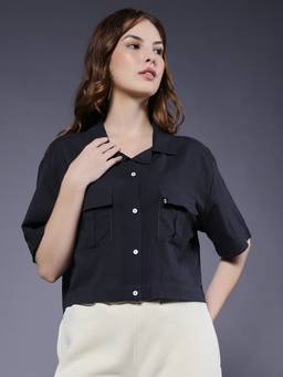 PRONK - Women Solid Crop Grey Shirt