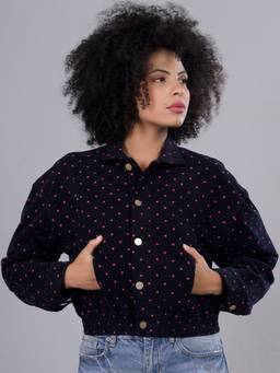 PRONK - Polka Dot Printed Crop Corduroy Tailored Navy Blue Jacket