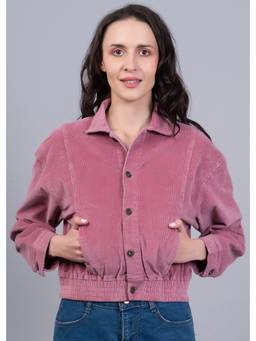 PRONK - Shirt Collar Cropped Corduroy Tailored Pink Jacket