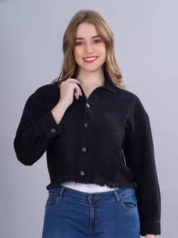PRONK - Women Crop Denim Black Jacket