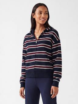 max - Women Striped Hooded Blue Jacket