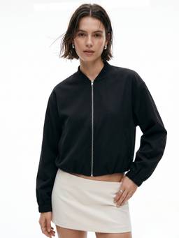 Outzidr - Black Mandarin Collared Zip Up Bomber Jacket