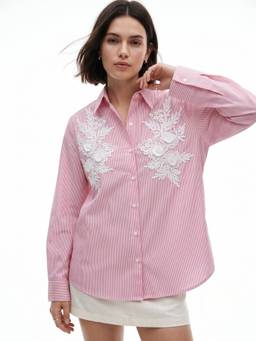Outzidr - Pink Striped Embroidered Shirt