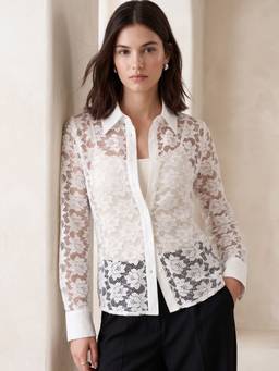 Outzidr - Off White Sheer Floral Lace Button Shirt