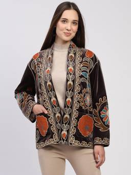 Global Republic - Polycotton Embroidered Front Open Brown Jacket