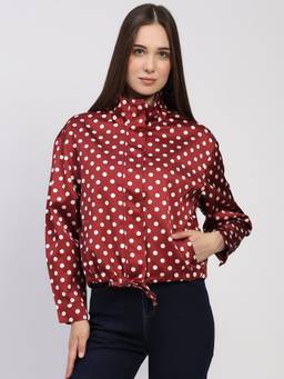 Global Republic - Poly Satin Polka Dot High Neck Maroon Jacket