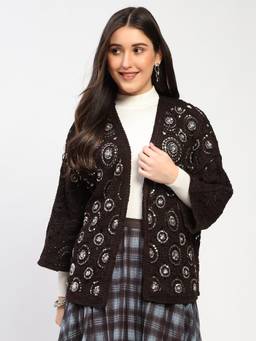 Global Republic - Cotton Embellished Front Open Brown Shrug