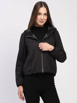 Global Republic - Polyester Blend Solid Hooded Black Jacket