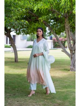 MINSH - Amber Ombre Green Anarkali Kurta With Pant And Dupatta (Set of 3)