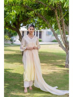 MINSH - Citrine Ombre Beige Anarkali Kurta With Pant And Dupatta (Set of 3)