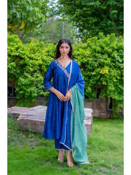 MINSH - Royal Blue Angrakha Kurta With Pant And Dupatta (Set of 3)
