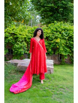 MINSH - Royal Red Angrakha Kurta With Pant And Dupatta (Set of 3)