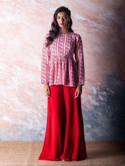 Vama Asher - Red Bird Stripe Peplum Top With Palazzo (Set of 2)