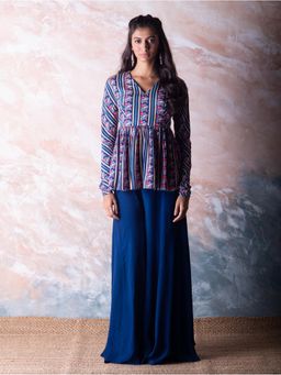 Vama Asher - Navy Bird Stripe Peplum Top With Palazzo (Set of 2)