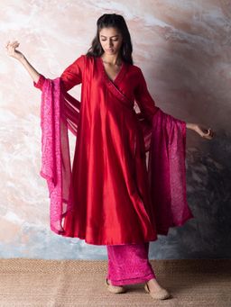 Vama Asher - Red Angrakha Kurta With Palazzo And Dupatta (Set of 3)